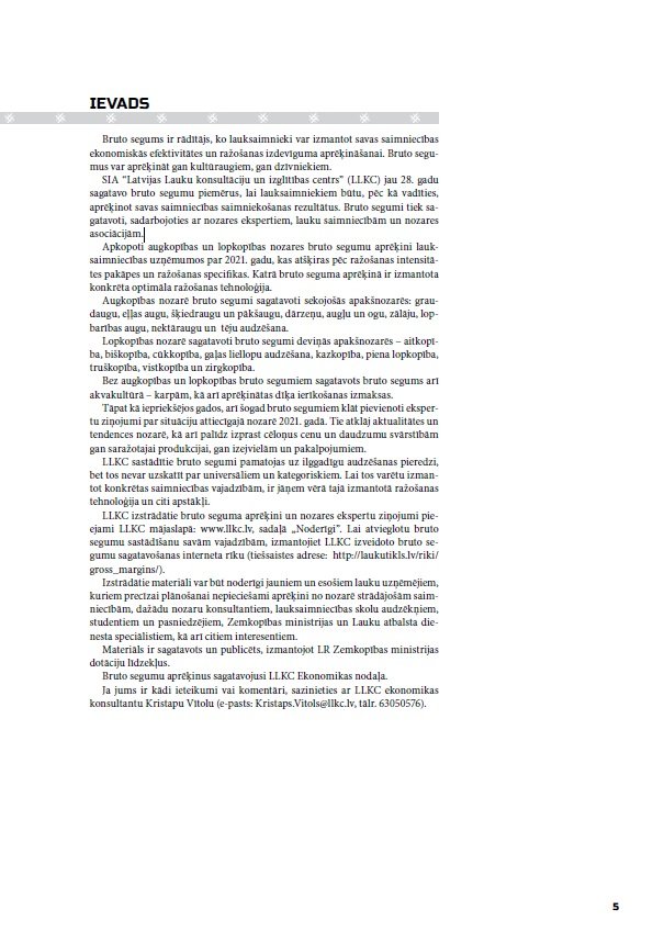 Lauksaimniecības bruto segumu aprēķini par 2021. gadu (IZDOTS)