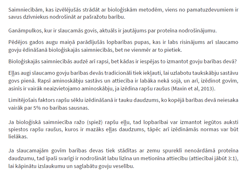 Rapsis bioloģisko slaucamo govju barības devā