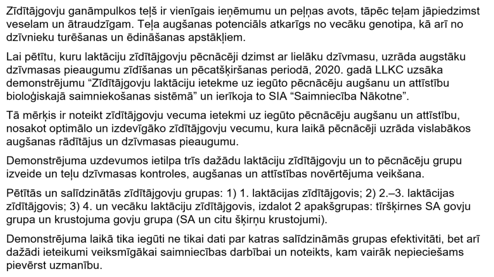 Zīdītājgovju laktāciju ietekme uz iegūto pēcnācēju augšanu un attīstību