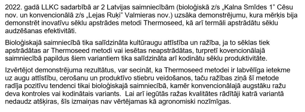 Ar inovatīvu metodi Thermoseed apstrādātu sēklu izmantošanas novērtējums un demonstrējums 2022-2025