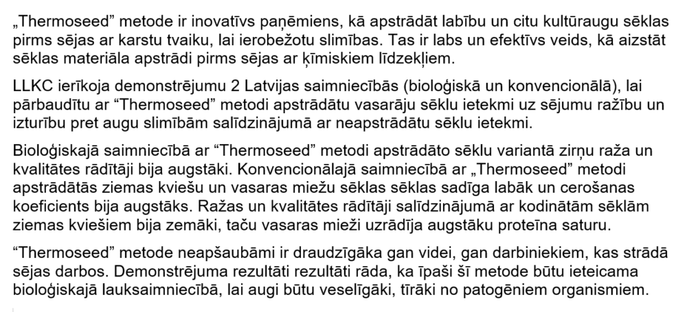 Ar “Thermoseed” metodi apstrādātu sēklu izmantošanas novērtējums 2024