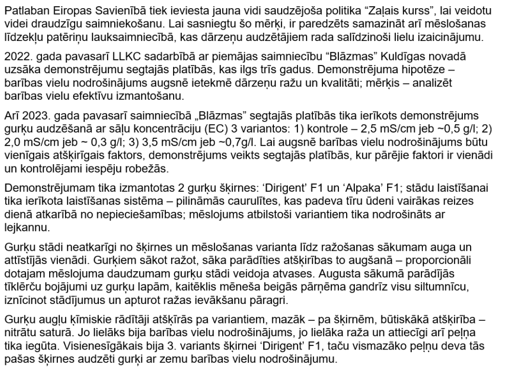 Substrātā esošo barības vielu koncentrācijas ietekme uz gurķu ražu un kvalitāti 2023