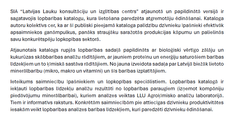 Lopbarības analīžu rezultātu apkopojums