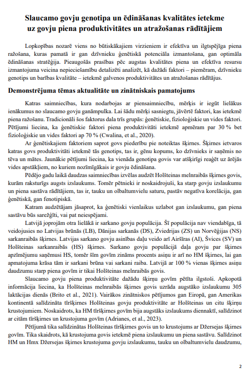 Slaucamo govju genotipa un ēdināšanas kvalitātes ietekme uz govju piena produktivitātes un atražošanas rādītājiem