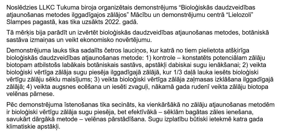 Bioloģiskās daudzveidības atjaunošana ilggadīgajos zālājos – demonstrējuma rezultāti 2025